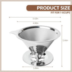 Pour Over Coffee Dripper Stainless Steel Coffee Filter Metal Cone Filter Extra Fine Wire Mesh Reusable Coffee Filter Coffee Maker (Silver, 1-6 Cups)