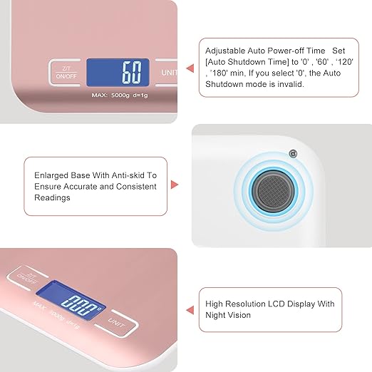 Digital Shipping Scale,Stainless Steel Panel, Accurate 5kg/1g Portable Postal Scale for Packages, Small Business,Kitchen, Food, Handmade, Liquids, and Boutique (Rose Gold)