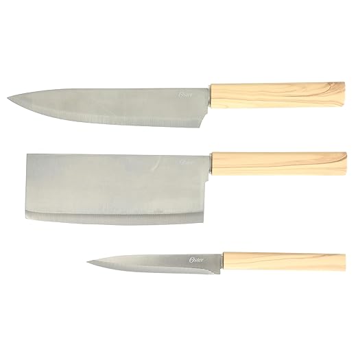 Oster Huntingfield 6 Piece Knife Set - Olive Wood Stainless Steel Chef Knife, Cleaver, Pairing Knive, Kitchen Shear, Peeler and PP Cutting Board