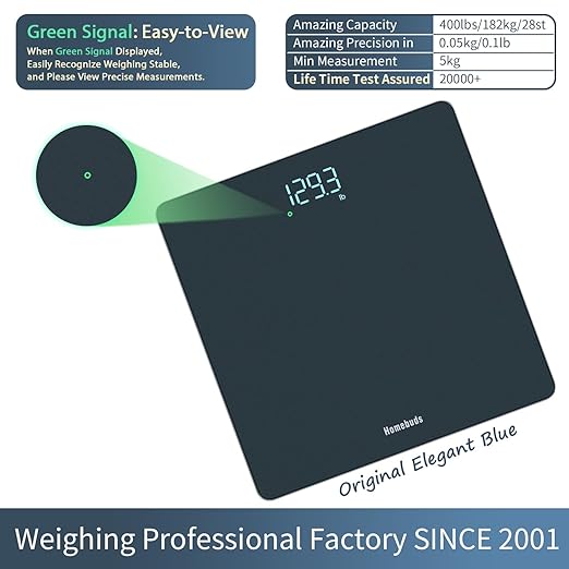 Homebuds Digital Bathroom Scale for Body Weight, Weighing Professional Since 2001, Crystal Clear LED and Step-on, Batteries Included, 400lb/180kg, Blue