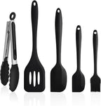 NileHome 4 Pack Silicone Spatula and Grilling Tongs Kitchen Utensils with Silicone Brush Heat Resistant BPA-free Rubber Spatula for Scraping, Baking, Cooking, Mixing-Black