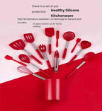 Silicone Kitchen Tools - Non - Stick, Anti - Slip, High - Temperature Resistant, Scald - Proof 14 - Piece Set with Stainless Steel Tube Handles & a Storage Bucket (Gray)