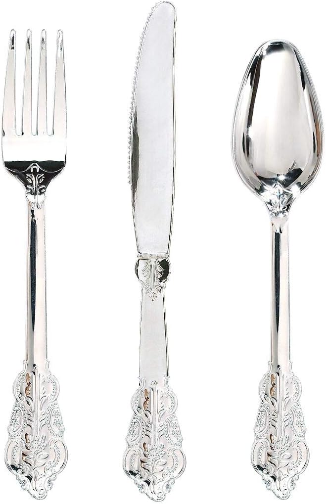 WDF 360 Pieces Silver Plastic Silverware- Disposable Flatware - Heavyweight Plastic Cutlery- Includes 120 Forks, 120 Spoons, 120 Knives for Christmas