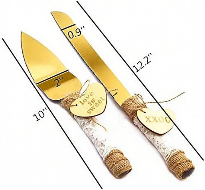 TANG SONG Rustic Style Stainless Steel Wedding Cake Knife and Serving Set Resin Plastic Handle with Twine Heart Love Wood Tag and Burlap Lace Design（Gold）