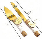 TANG SONG Rustic Style Stainless Steel Wedding Cake Knife and Serving Set Resin Plastic Handle with Twine Heart Love Wood Tag and Burlap Lace Design（Gold）