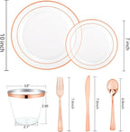 bUCLA 150PCS Clear Rose Gold Disposable Dinnerware set - Rose Gold Plastic Plates Include 25 Dinner / 25 Dessert Plates, 25 Knives, 25 Forks, 25 Spoons, 25 Cups for Party, Wedding & Mother's Day