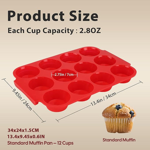 2-Pack Silicone Muffin Pan for Baking – Standard 12-Cup Nonstick Cupcake Pan with Handle, Food-Grade Certified, Odorless, BPA-Free, Silicone Baking Mold for Muffins, Egg Bites, Cupcakes
