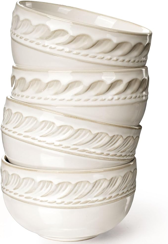 Artena Small Bowls Set of 4, 12 oz Ceramic Embossment Dessert Bowls, white Bowl for Kitchen, Ice Cream, Side Dishes, Rice, Cereal, Fruit, 4.5 Inch, Microwave & Dishwasher Safe, Willow Leaf