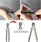 Cooking Tong 9 inches Stainless Steel Kitchen Silicone Serving Tong Heat Resistant Meat Turner Spatula Tongs Fish Tongs with Locking Handle Joint (Black)