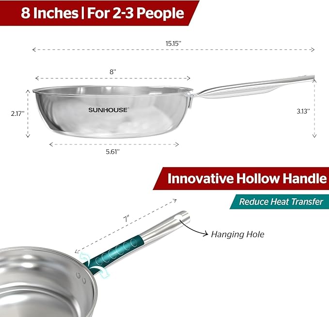 Sunhouse 8 Inch Tri-Ply Stainless Steel Frying Pan, Whole-Clad No Coatings Skillet with Stay-cool Handle for Cooking, Durable & Oven Safe to 500°F, Dishwasher Safe, Compatible with All Cooktops