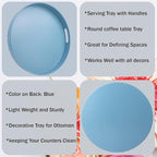 Round Blue Decorative Serving Tray with Handles, 13” Versatile Ottoman Tray for Coffee Table, Entertaining, Outdoor Patio, Living Room