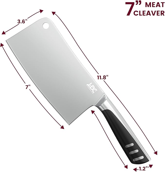 LDC Meat Cleaver Heavy-Duty 7" Inch Knife - High-Carbon Stainless Steel Chef Knife for Meat and Vegetables - Butcher Bone Cutting Knife for Home and Restaurant Use