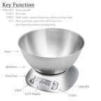 Digital Kitchen Scale with Removable Bowl 2.5L Volume, Electronic Stainless Steel Food Scale for Cooking Baking, Room Temperature, Alarm Timer, 12lb 5.5kg, Batteries Included