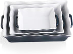 Sweejar Casserole Dishes for Oven, Ceramic Bakeware Set of 3, Rectangular Baking dish with Handles, Wave Edge Lasagna Pan Deep for Cooking, Cake, Dinner, Banquet and Daily Use (Navy)