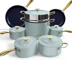 Nuwave Lux LE 13-Pc Cookware Set with Elegant Gold Handle, Diamond Infused Ceramic Non-Stick, PFAS Free, Premium Metal Lids, Ergonomic Stay-Cool Handles, Induction Ready & Compatible w/All Cooktops