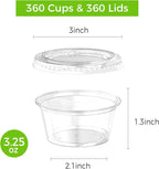 360 Set 3.25 oz Jello Shot Cups with Lids, Sturdy & Food Safe Disposable Plastic Portion Condiment Dipping Sauce Cups, Small Containers for Salad Dressing