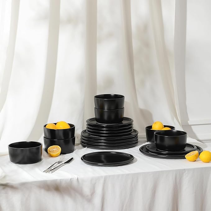 Stone Lain Eden 12-Piece Dinnerware Set Stoneware, Plates and Bowls Set, Dishwasher and Microwave Safe Dish, Dish Set for 4, Black