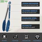 Kitchen Tongs, Stainless Steel Silicone Tongs for Cooking 600ºF High Heat-Resistant BBQ Grilling Locking Tongs, Set of 2-9" and 12" Classic Blue