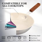 MARSKITOP 9.5" Stainless Steel Frying Pan Skillet with Healthy Ceramic Nonstick Coating and Wooden Handle - Non Toxic and PFAS Free - Compatible with All Cooktops