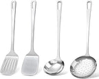 4 Pcs Cooking Utensils Set, Stainless Steel Kitchen Utensils, Heat Resistant Metal Kitchen Tools Include Solid & Slotted Turner Wok Spatula, Serving Spoon, Ergonomic Handle, Easy to Clean, Silver