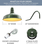 Steel Lighting Co. Gardena Barn Light | Outdoor Wall Mounted | 16" Dome | 23" Gooseneck | Farmhouse Light Made in America | Hunter Green Exterior/Brass Interior