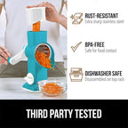 GORILLA GRIP BPA-Free Rotary Cheese Grater Hand Crank, Easy to Set Up, Strong Suction Base for Kitchen Countertop, Shred Potato, Vegetable, Nuts in Seconds, Round Mandoline Slicer, 3 Blades, Turquoise
