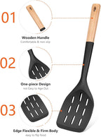 Pack of 2 Silicone Spatula, Non Stick Cooking Utensil Set Wooden Handle Kitchen Turner for Baking Mixing Grilling Serving Food Heat Resistant Non Scratch Hooks Included (Black)