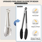 Kitchen Tongs, Set of 3 Stainless Steel Tongs with Silicone Tips Locking Cooking Tongs 600ºF Heat Resistant Tong for Cooking BBQ Grilling Air Fryer Serving Food Salads, 7"+9"+12" Black