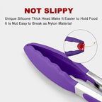 Set of 2 Kitchen Tongs 9-Inch & 12-Inch, Premium Stainless Steel BPA Free Silicone Non-Stick Grilling Barbeque Cooking Locking Food Tongs, Purple