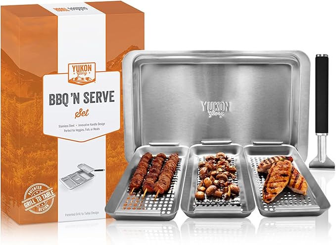Yukon Glory Grill Basket Set, Stainless Steel BBQ 'N Serve 5-Piece with 3 Baskets, Removable Handle & Drip Tray for Vegetables, Fish, Shrimp