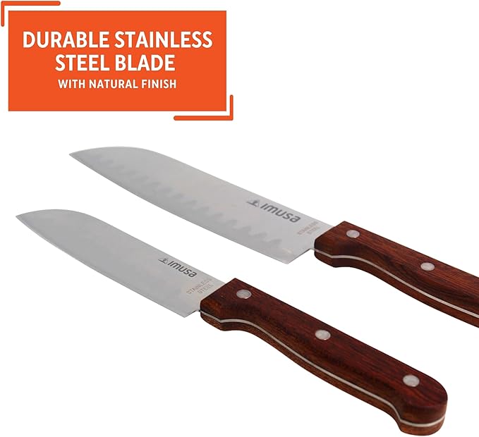 IMUSA, 2pc 5" & 7" Santoku Knife Set w/Wood Handle, Stainless Steel Kitchen Cooking Knifes