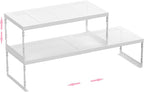 Stackable Expandable Metal Shelf Organizer - Adjustable Wire Storage Rack with Holes for Kitchen, Bathroom, Cabinet, Office - Space Saving, Durable & Sturdy Design（2PACKS/Medium/White