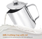 Milk Frothing Pitcher, Stainless Steel Coffee Cup Mug Milk Frothing Pitcher Jug with Lid and Handle Cappuccino Latte Coffee Art for Home Office Kitchen Coffee Shop, Silver(600ml)