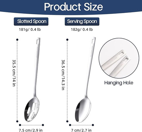18/8 Stainless Steel Cooking Spoons Set - 2-Piece Solid Slotted Serving Spoon Cooking Utensils set for Pasta, Veggies, Salads (Dishwasher-Safe)