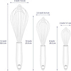 White Silicone Whisk, Sealed Waterproof Design Set of 3, Professional Kitchen Whisks for Cooking Non-Scratch, Silicone&Stainless Steel Whisk, Heat Resistant 480°F Rubber wisk, BPA free