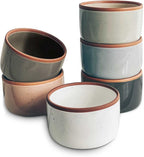 Mora Ceramic Ramekins - 8oz, Set of 6 - Small Oven Safe Baking Dishes/Cups - For Personal Pudding, Creme Brulee, Souffle, Serving Dip, Custard, Ice Cream - Single Mini Bowls - Assorted Neutrals