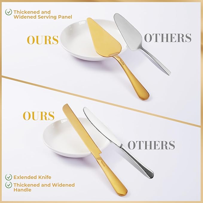 Wedding Cake Cutting Set, Elegant Wedding Cake Knife and Server Set with Thick Stainless Steel Wide Handle, Cake Cutting Set for Wedding Anniversary Christmas, Cake Cutter, 2 Cute Forks and Bows, Gold