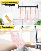 Pack of 4 Silicone Cooking Utensils Set, Non Stick Solid Spatulas and Heat Resistant Slotted Spoons with Wooden Handle, Ideal Wood Kitchen Utensils Set for Frying,Serving,Turning,Stirring (PINK)