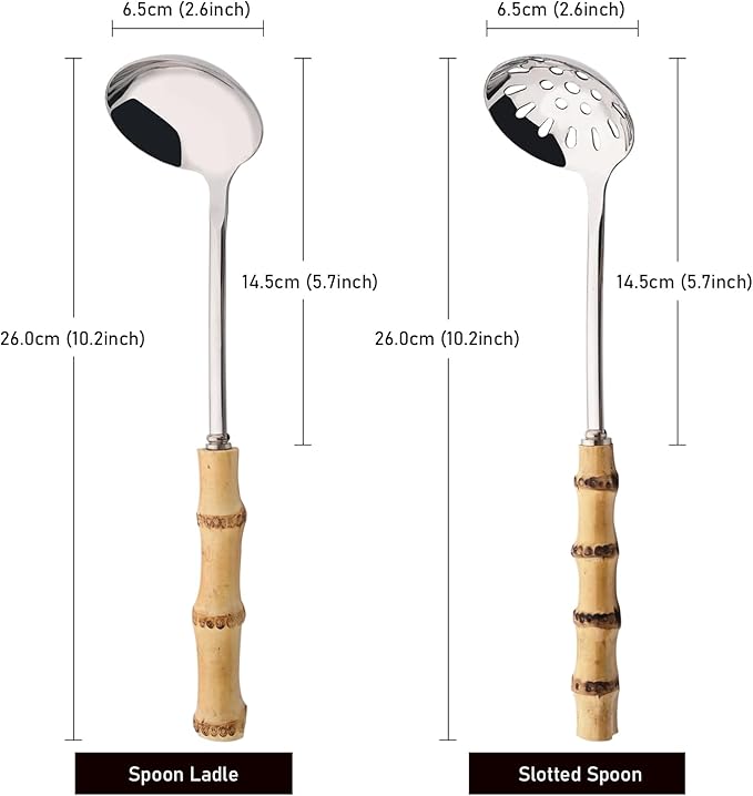 Soup Ladle and Slotted Spoon Set, 304 Stainless Steel Serving Utensils with Natural Bamboo Handle, Soup Spoons For Serving Gravy Hot Pot Or Restaurant, 10.2 Inch, 4 PCS / 2 of Each