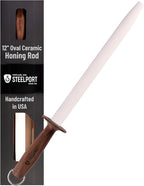 STEELPORT 12 inch Oval Ceramic Honing Rod | Professional Knife Sharpener Rod with Oregon Black Walnut Handle, Safety Guard | Premium Serrated Blade Sharpener For All Knife Types