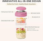 4 Pack Overnight Oats Containers with Lids and Handles, Folding Spoons & Divided Compartments for Fruit & Nuts, 16oz Glass Mason Jars for Oatmeal, Meal Prep & Breakfast (Black/Deep-Blue/Cream/Purple)