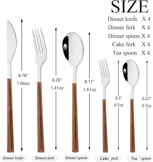 20 Piece (4 Set) Silver Stainless Steel Tableware With Wooden Handle, Wedding Cutlery And Daily Use, Silverware For Home Restaurant Party, Mirror Finished