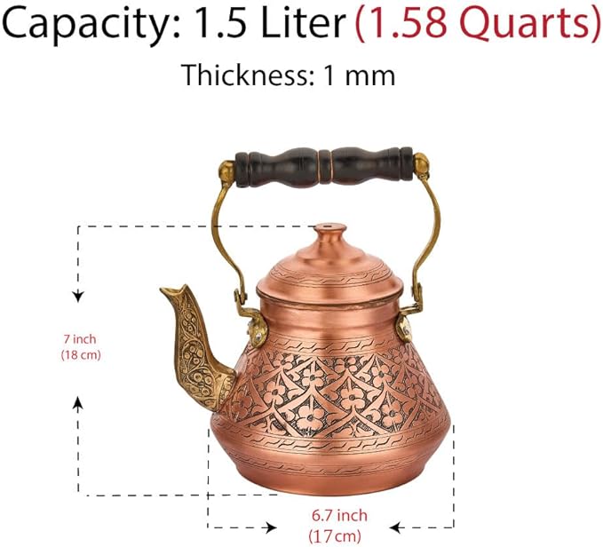 Vintage 100% Solid Pure Copper Turkish TeaPot Tea Kettle Pot for Stovetop Stove Top Traditional Decorative Fancy Arabic Moroccan Party Serving Kitchen Antique Handmade Unique Style Gooseneck Gift