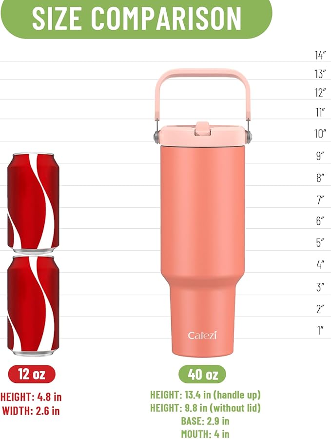 40 oz Tumbler with Handle and Straw, Vacuum Insulated Tumblers with Flip Straw and Top Handle, Reusable Insulated Cup for Home, Outdoors, Leakproof, Fits in Cup Holder, Cold for 30 Hours