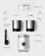 SHARDOR Electric Super Silent Blade Coffee Grinder, Timed Grind Control Rotary Knob, Adjustable Coarse to Fine for Coffee Beans, Spices & Herbs, with 2 Removable Stainless Steel Bowl, White
