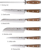 BGT Japanese 67 Layer High Grade VG-10 Super Damascus Steel Knives, Sharp, Teak Handle Professional Hammered Kitchen Knife Set with Knife Roll Bag 6Pcs Set (Silver Blade)