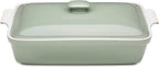 Stoneware Casserole Dish Bakeware Set with Lid, Covered Rectangular Dinnerware, Extra Large 4.23 Quart, 13 by 9 Inch, Verde Salvia [Sage Green]