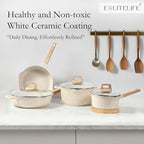 ESLITE LIFE Nonstick Cookware Sets, 7 Pcs Ceramic Coating Pots and Pans Set Kitchen Cooking Set, Compatible with All Stovetops (Gas, Electric & Induction), PFOA Free, White