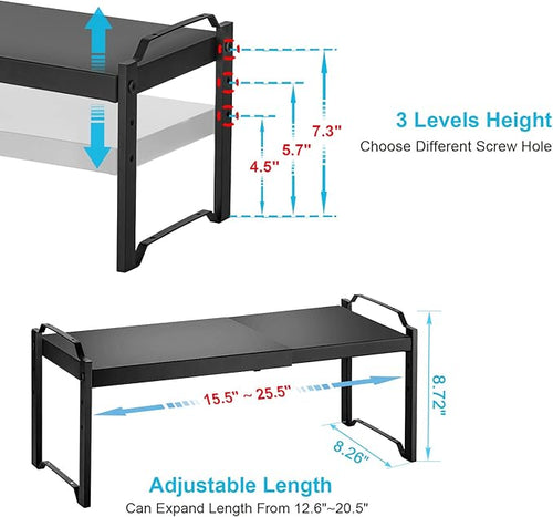 25.5 Inches 2 Pack Expandable Cabinet Shelves, Stackable Shelf Organizer for Kitchen Cabinet Countertop Storage, Adjustable Counter Cupboard Pantry Organizer Shelf Rack Stand Riser, Black