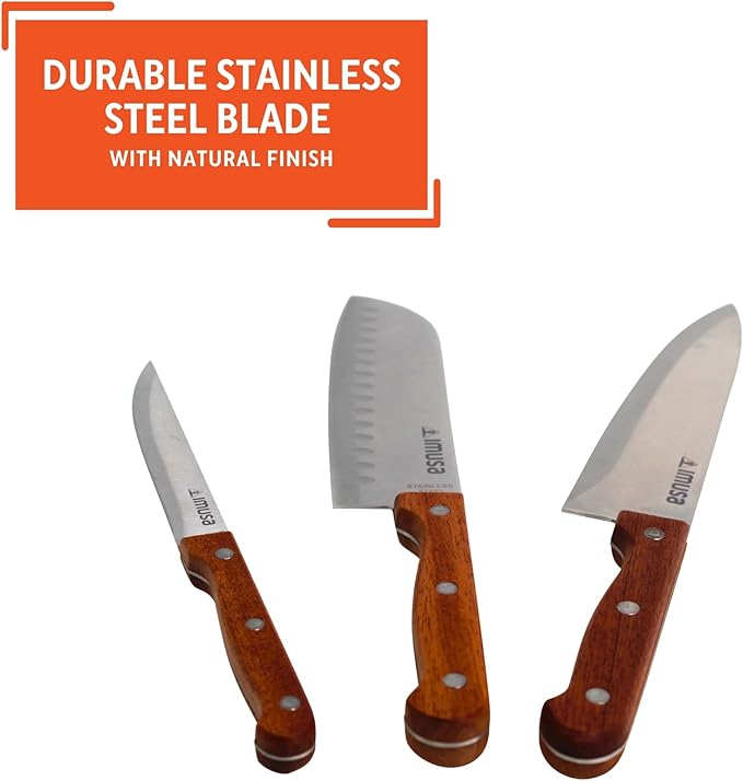 IMUSA 3pc Knife Set with Wood Handle, 8” Chef Knife, 7” Santoku Knife & 5” Utility Knife, Sharp Kitchen Knives for Cooking, Stainless Steel Blade